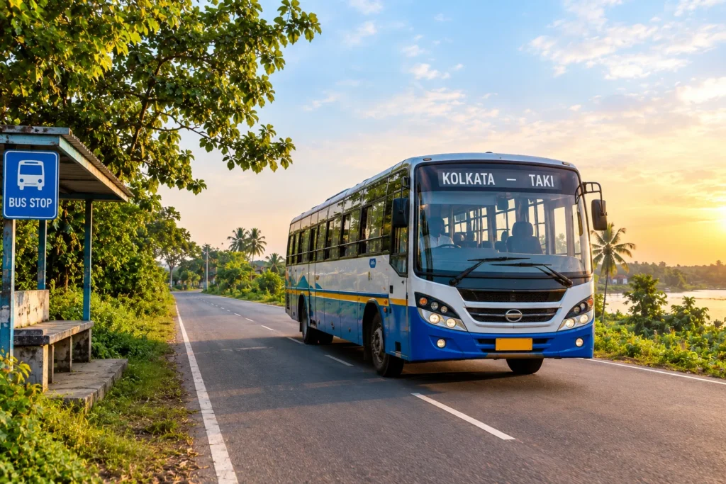 Bus travelling from Kolkata to Taki through a scenic rural road