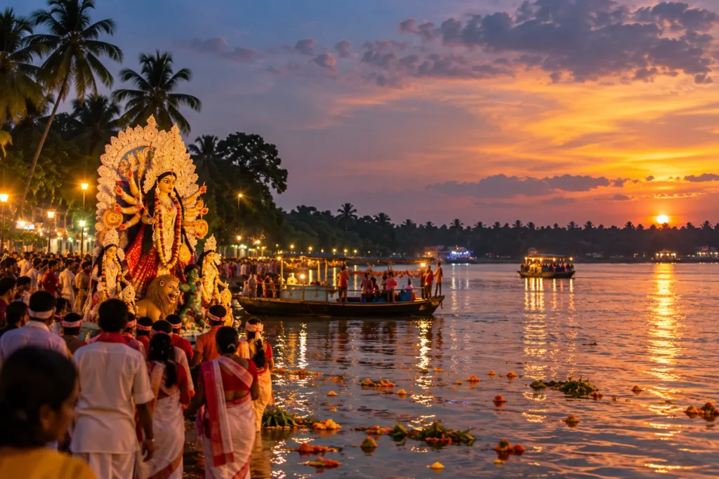 Durga Puja celebrations and traditional idol immersion on the Ichamati River in Taki