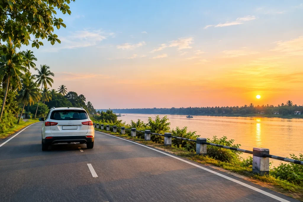 Driving to Taki from Kolkata by car along a scenic riverside road