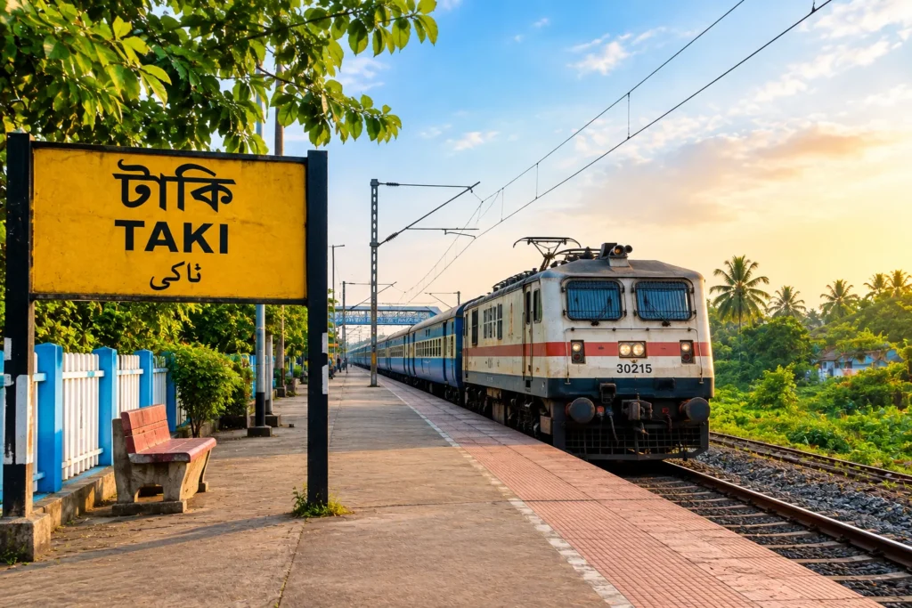 Train arriving at Taki railway station in West Bengal