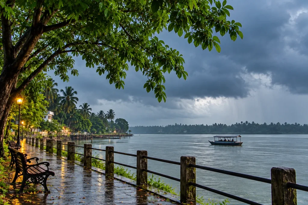 Lush green riverside scenery in Taki during the warmer and monsoon seasons